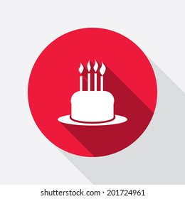Birthday cake icon. Confectionery baking symbol. Sweet sign. Round red circle flat icon with long shadow. Vector