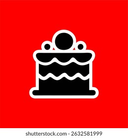 Birthday Cake Icon with Cream and Toppings on Red Background
