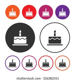 Birthday cake icon. Cake icon. Dessert icon. Cake with one candle. Button. Vector illustration