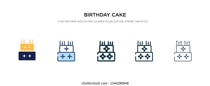 birthday cake icon in different style vector illustration. two colored and black birthday cake vector icons designed in filled, outline, line and stroke style can be used for web, mobile, ui