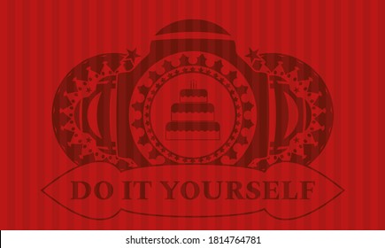 icono de pastel de cumpleaños y haz tu propio texto de insignia de color rojo realista. Barras de fondo exquisito. Ilustración vectorial. 