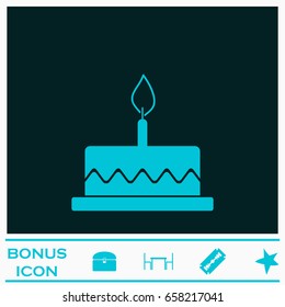 Birthday cake icon flat. Blue pictogram on dark background. Vector illustration symbol and bonus icons