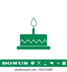 Birthday cake icon flat. Green pictogram on white background. Vector illustration symbol and bonus button