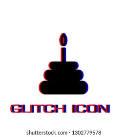 Birthday cake icon flat. Simple pictogram - Glitch effect. Vector illustration symbol