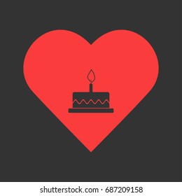 Birthday cake icon flat. Simple pictogram on heart background. Vector illustration symbol