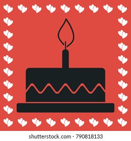 Birthday cake icon flat. Simple black pictogram on red background with white hearts for valentines day. Vector illustration symbol