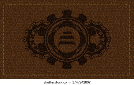 birthday cake icon inside leather realistic badge. Wallet chic background. Illustration. 