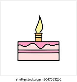 Birthday cake icon isolated on. Doodle cake for birthday celebration with single candle. Vector stock illustration. EPS 10