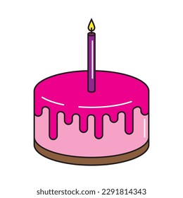 Birthday cake icon isolated on white background. Pink cake with frosting and one candle. For your design, logo. Vector illustration.Sweet Dessert with dripping topping Colorful clipart Pictogram.