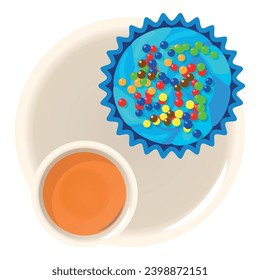 Birthday cake icon isometric vector. Bright multicoloured cake and cup hot drink. Dessert, celebration, food concept