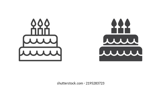 Icono de pastel de cumpleaños, versión de línea y glifo, símbolo de contorno y signo de vector relleno. Pastel con velas lineales y pictograma completo. Símbolo, ilustración del logotipo. Conjunto de iconos de estilo diferente