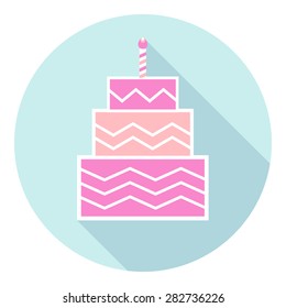 Birthday cake icon with long shadow, with burning candles. Vector illustration. Flat design style, eps10.