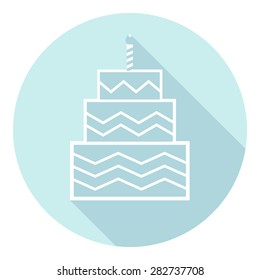 Birthday cake icon with long shadow, with burning candles. vector illustration. Flat design style, eps10.