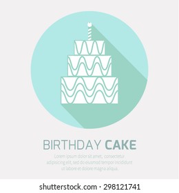 Birthday cake icon with long shadow, with burning candle. Vector illustration. Flat design style, eps10. Teal, aqua.