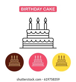 Birthday cake icon on white background. Bakery products image. Outline vector Logo illustration. Trendy Simple vector Illustration isolated for graphic and web design, for confectionery shop or cafe.