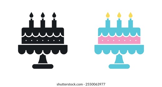 Birthday cake icon set in black and colored version