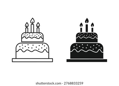 Birthday Cake Icon Set: Celebration Dessert in Outline and Silhouette