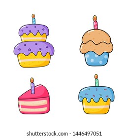 birthday cake icon set. food party cartoon style. isolated on white background. vector illustration.