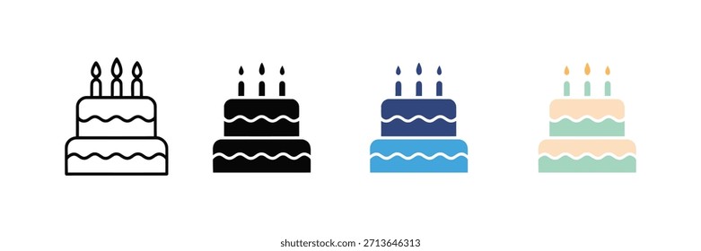 Conjunto de iconos de pastel de cumpleaños. Símbolo de pastel de celebración de parte. Icono de comida de feliz cumpleaños. Ilustración vectorial