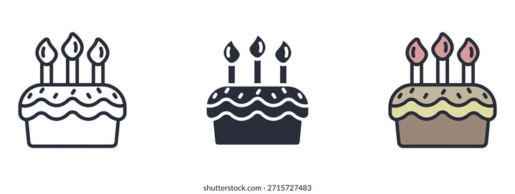Ícone do bolo de aniversário com três velas acesas, representando celebração e eventos festivos