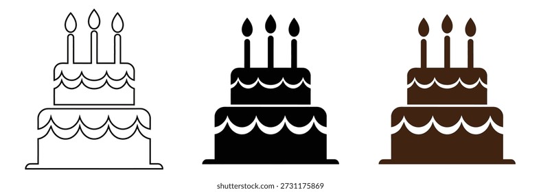 Geburtstagskuchen-Symbol-Set - Vektor Zwei-Tier-Dessert-Symbole mit Kerzen für Party und Feier in Umrissen und Solid Styles

