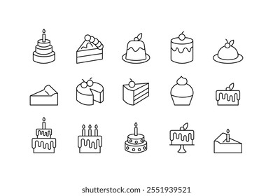 Ilustração vetorial do símbolo de ícone de bolo de aniversário, estilo de contorno preto isolado no fundo branco.