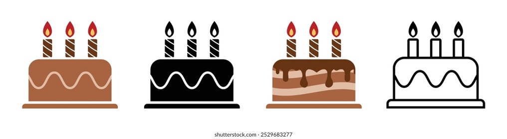 Birthday cake icon symbol. Birthday cake vector icon set Isolated on a white background. Festive cake with candles. Cake icon symbol set in different shape. Flat design. Vector illustration.