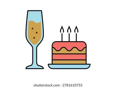 Birthday cake icon with three lit candles next to a glass of sparkling champagne