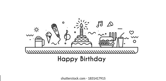Birthday cake icon vector illustration. Text Happy birthday. Cake for birthday celebration with candles.