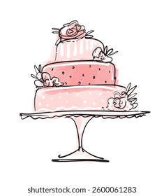 Birthday cake icon, wedding cake with floral decor, pink sketch, hand drawn vector illustration isolated on white background. Logo for pastry shop.