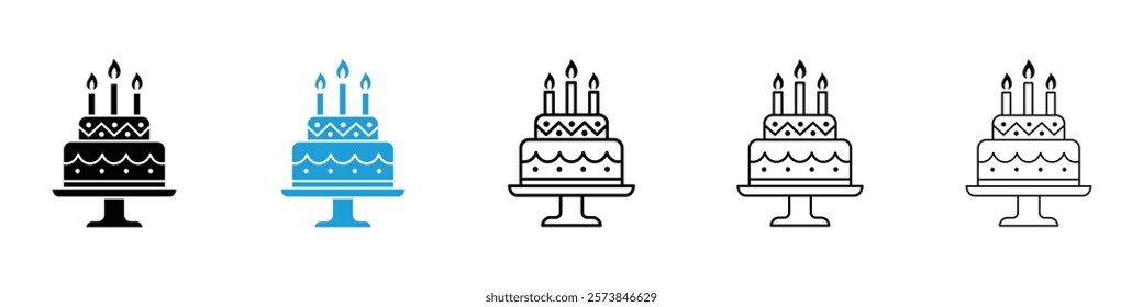 Birthday cake icons in filled and 3 stroke weights