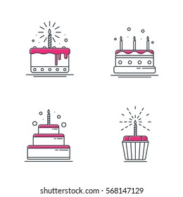 Birthday cake icons, line design. vector illustration.