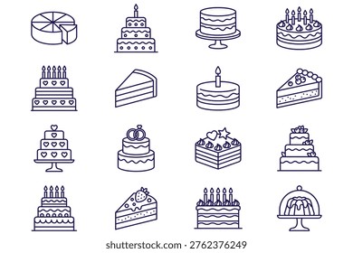 Birthday cake icons set with various decorated cakes and slices on white background, modern line art style for celebration design