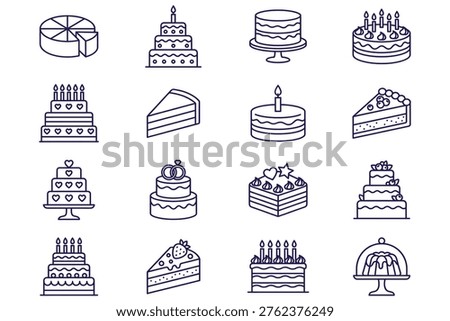 Birthday cake icons set with various decorated cakes and slices on white background, modern line art style for celebration design