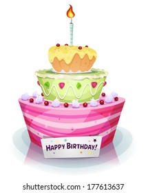 Birthday Cake/ Illustration of a cartoon appetizing, mouth watering birthday and anniversary holidays cake, with sweet, fruits and cream