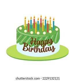 Birthday cake illustration. Cake with decor, icing, candles isolated on white background. Pastry, party, bakery, dessert concept