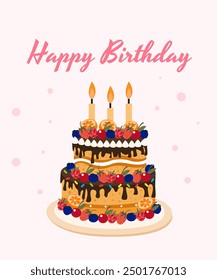 Birthday cake illustration on pink background.