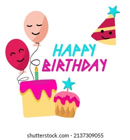 Birthday cake illustration, Birthday party, celebration, holiday, fun, cute, balloons, candle. For card, wrapping paper, invitation