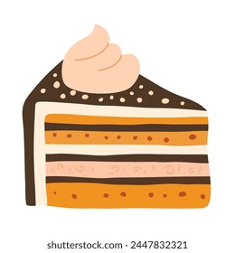 Birthday cake isolated on white background. Design for invitation or greeting card, poster. Flat hand drawn style