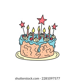 Birthday cake isolated. Vector doodle hand drawn kid birthday pie. Illustration of colorful outline cake with five candles and cream.