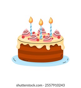 Birthday cake isolated vector illustration. Cute colorful Bday cake with cream and candles. Festive flat hand drawn design object