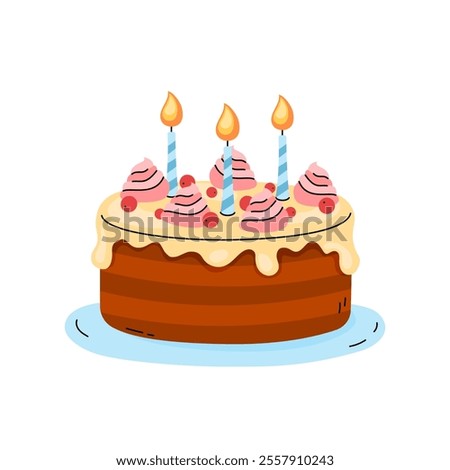 Birthday cake isolated vector illustration. Cute colorful Bday cake with cream and candles. Festive flat hand drawn design object