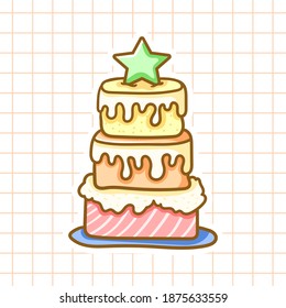 Birthday cake kawaii. Chibi illustration. Vector flat illustration.