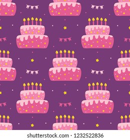 Birthday cake with lighting candles and cute party decorations vector seamless pattern background.