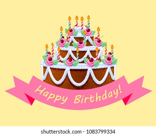 Birthday cake with lights and pink ribbon on yellow background. Greeting card. Vector illustration