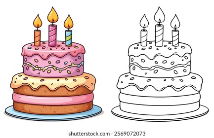 Birthday Cake Line Art Vector Illustration Coloring Pages with Coloring Sample - Food Sweets and Drinks Coloring Book Black and White Design