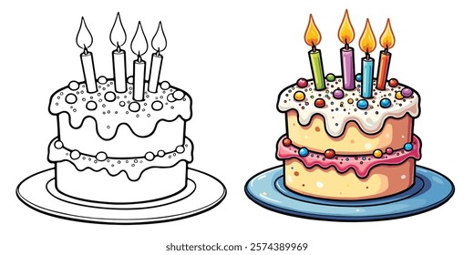 Birthday Cake Line Art Vector Illustration Black and White with Coloring Sample. Bold and Easy Food, Fruits, Sweets, Drinks, Dessert, and Snacks Coloring Pages for Adults and Kids.