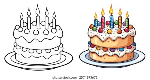 Birthday Cake Line Art Vector Illustration Black and White with Coloring Sample. Bold and Easy Food, Fruits, Sweets, Drinks, Dessert, and Snacks Coloring Pages for Adults and Kids.