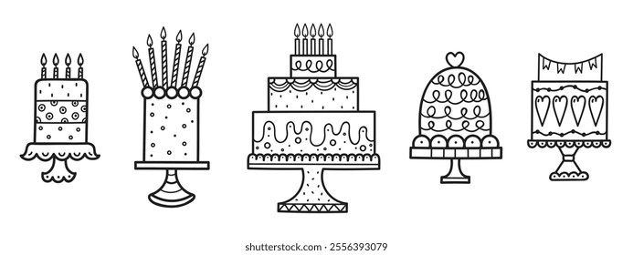 Birthday Cake Line icon . Bakery, Coffee, Cake, Restaurant, Patisserie.Kid coloring page.  Аntistress books. Set.