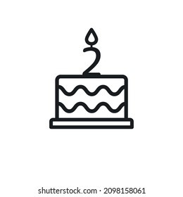 Birthday cake line icon with candle number 2. Vector.